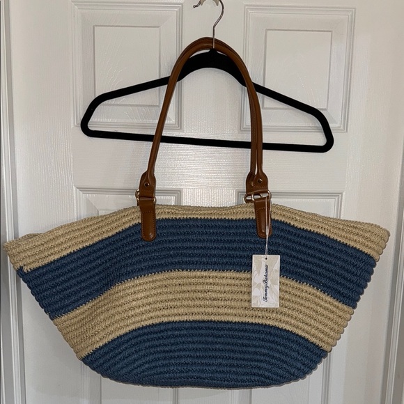 Tommy Bahama Blue and Tan Striped Tote Bag